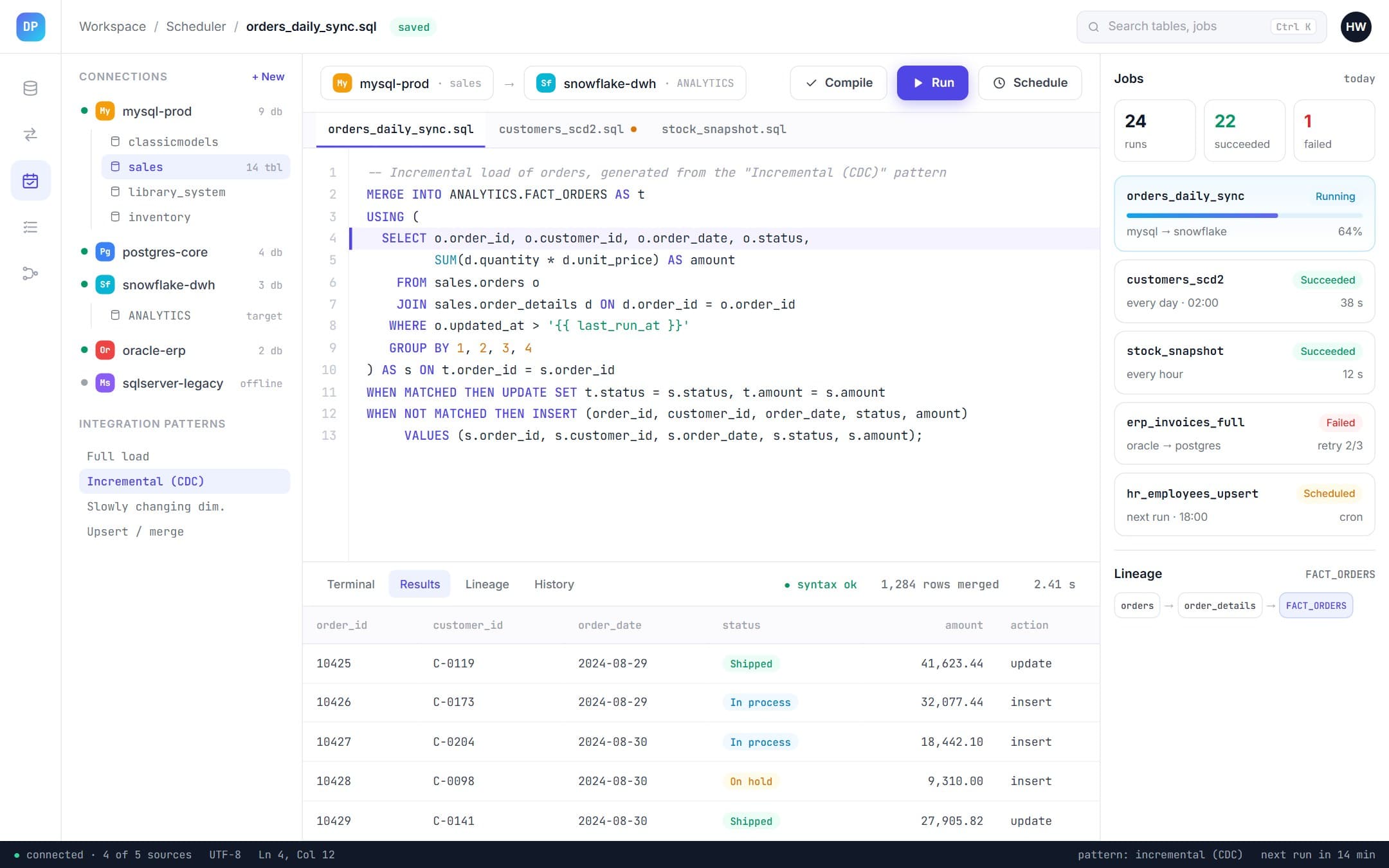 A data platform: saved connections, a SQL workspace, results and scheduled jobs