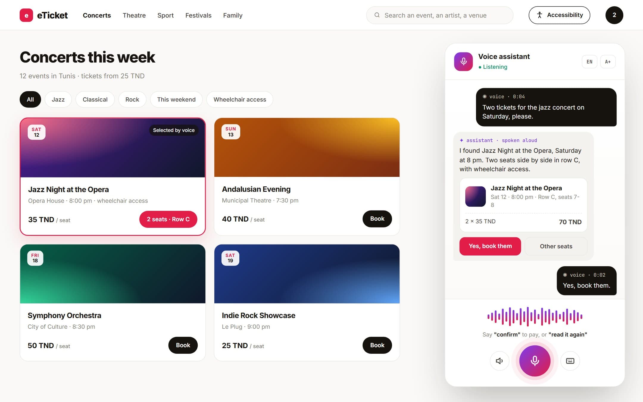 A ticketing website with the voice assistant open, confirming two seats